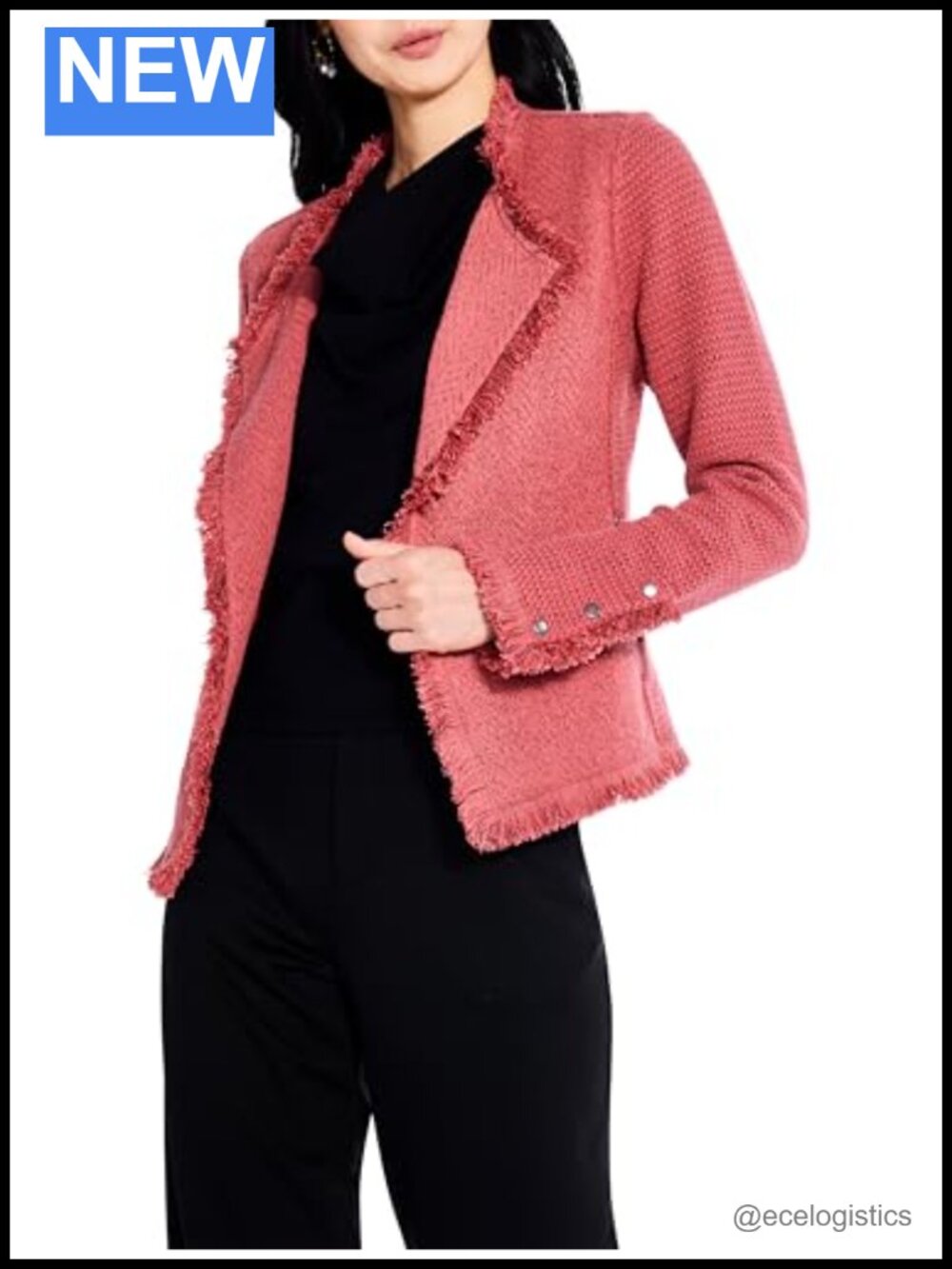 Fringe Mixed Knit Jacket, Long Sleeve, Cotton Blend, Petite
